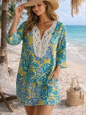 Bobogollo Blue Green Tropical Print Cover Up Tunic Cotton Beach Size L